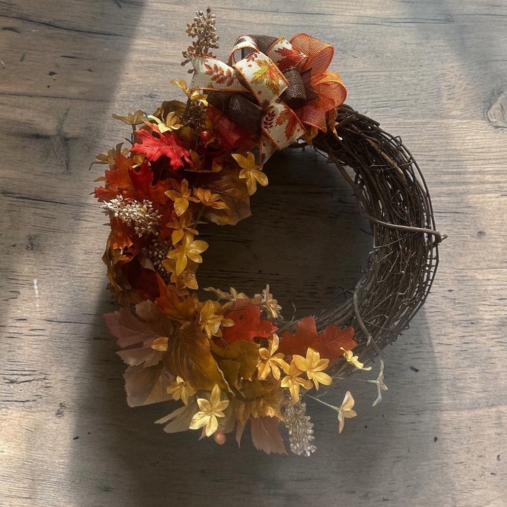 Fall Grapevine Wreath Autumn Maple Leaf Decor with Burlap Bow Red Orange Gold